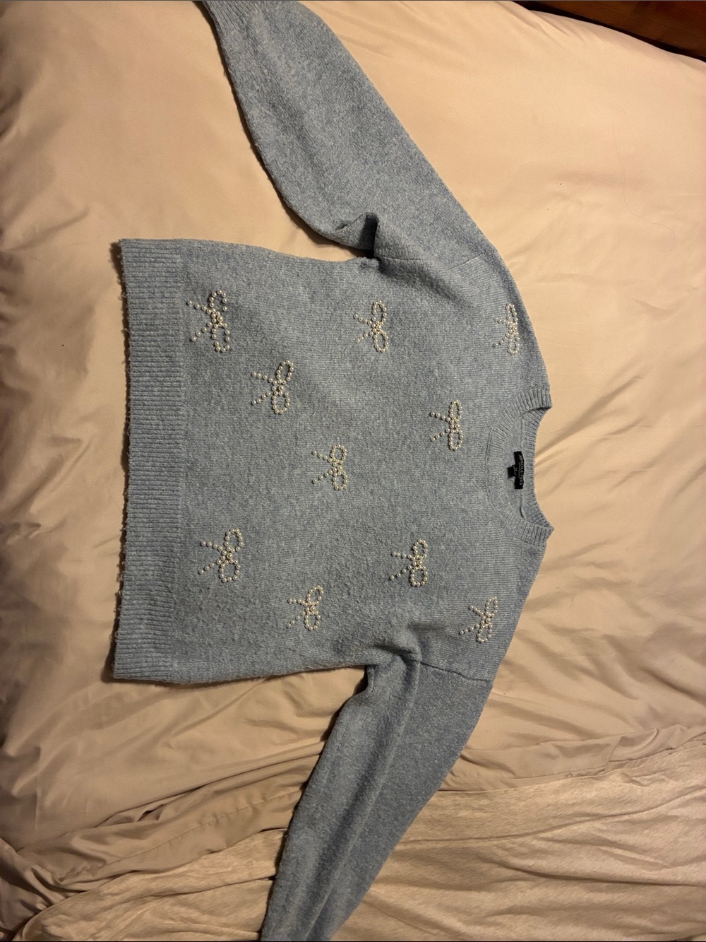 Absolutely Light Blue Crewneck Sweater with Pearl Bow Accents